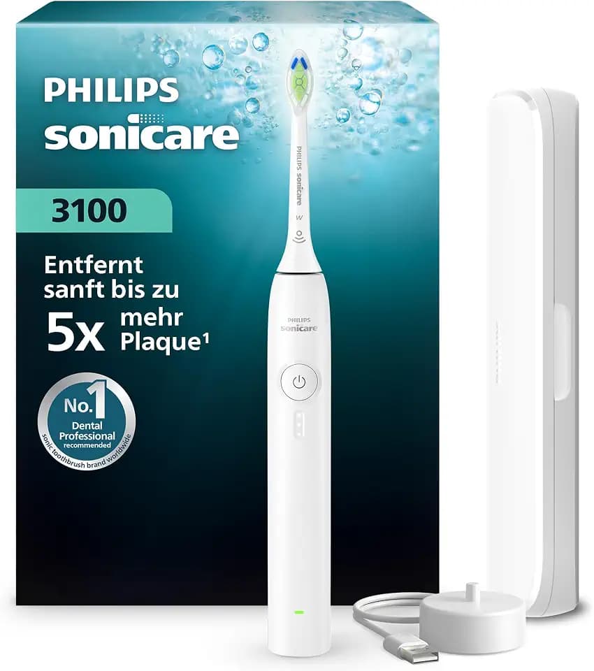 Philips Sonicare Series 3100 Elektrische Zahnbürste – Schallzahnbürste mit Drucksensor, drei Intensitätsstufen, EasyStart, SmarTimer, 14 Tage Laufzeit, Reiseetui, Weiß, HX4033/21, [Neu]