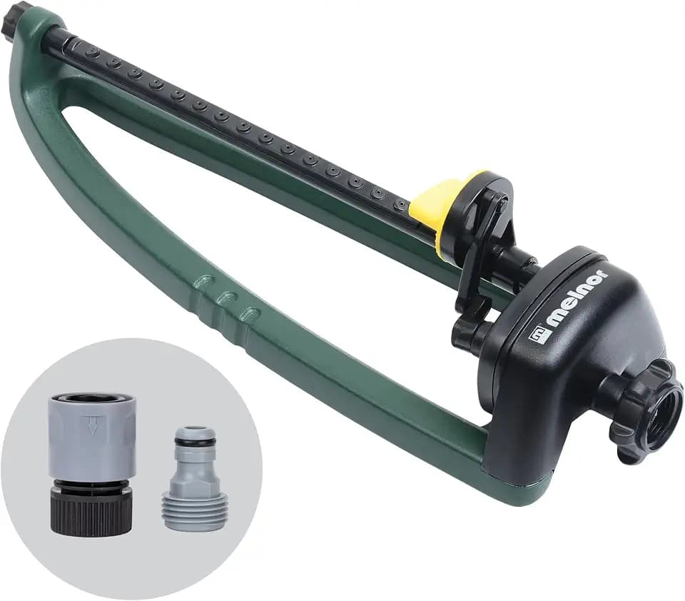Melnor 65150AMZ Oscillating Sprinkler, 15 Precision Nozzles, Adjustable Spray Range, Waters Up to 2,650 Sq. Ft., with QuickConnect Bundle, Green, Yellow