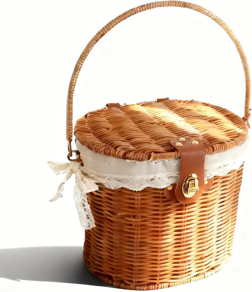 Small Picnic Basket with Lid & Foldable Handles - Vintage Rattan Picnic Hamper with White Lining & Lock for Picnic, Beach, Vacation & Everyday Use