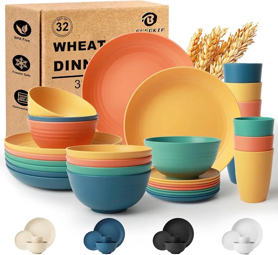 Wheat Straw Dinnerware Sets for 8, 32Piece Dishes Set for 8- Multi