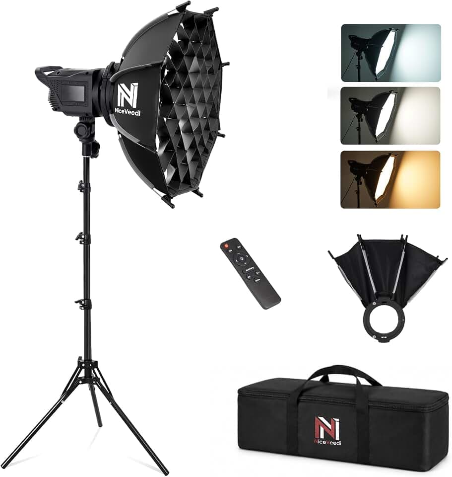 Niceveedi Softbox Lighting Kit, 2700-6500K LED Photography Lighting with 16.5” Quick-Release Softbox/Bowens Mount/Cooling System/Remote/Tripod, Video Light for Video Recording/Streaming/Portraits