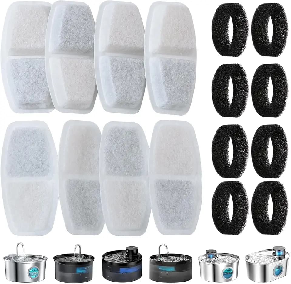 Katzenwasserbrunnen 16 PCS und 8 Kohlefilter + 8 Schwämme, Katzenwasserbrunnenfilter mit dreifacher Filtration, Katzenwasserspenderfilter erfüllt 4-7 Monate Ersatzbedarf, kein Kunststoff