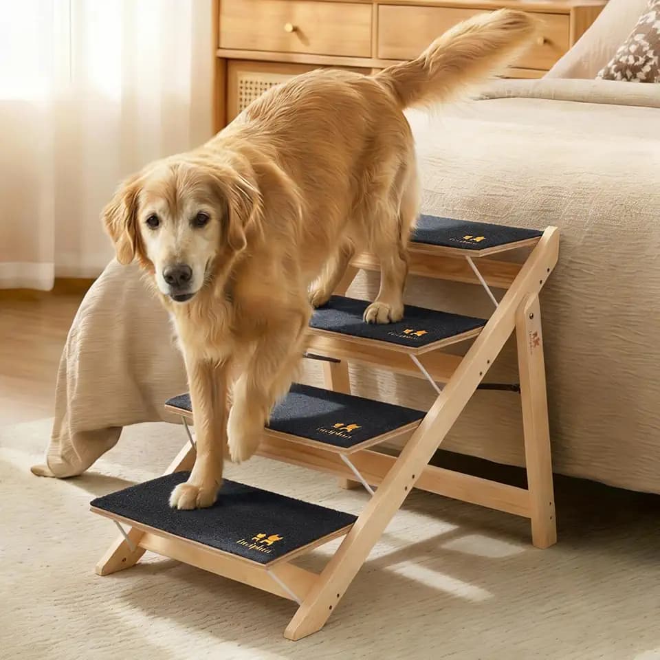 Luciphia Wooden 2-in-1 Dog Stairs, 4-Step Foldable Anti-Slip Pet Steps
