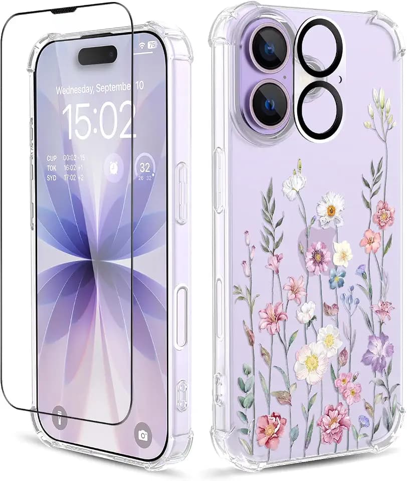 for iPhone 17 Case, 3 in 1 Screen & Lens Protectors, Floral Cover