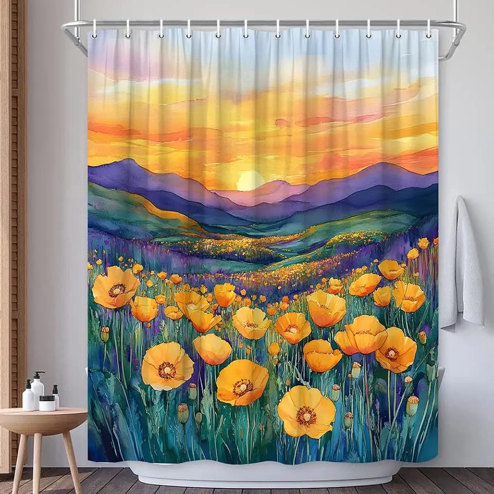 Floral Sunset Mountain Landscape Shower Curtain Polyester 70X70 Inch
