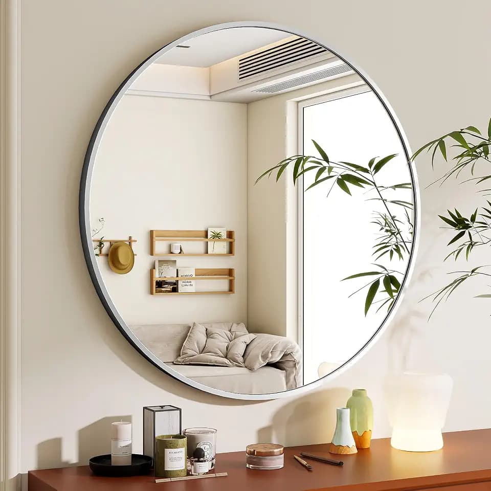 BEAUTYPEAK 60 cm Runder Spiegel, Wandspiegel mit Weiß Aluminiumrahmen