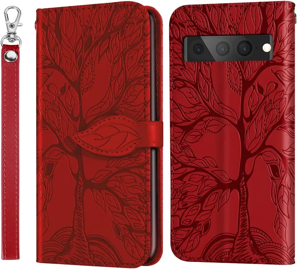 Case for Google Pixel 9 Wallet Case, Google Pixel 9 Case Leather with Strap Card Holder Magnetic Kickstand Shockproof Protective Case for Google Pixel 9/9 Pro Life Tree Red