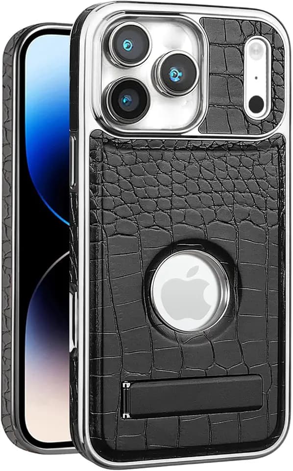 Leather Case for iPhone 17 Pro Max, Luxury Crocodile Pattern PU Leather with Kickstand, Luxury Electroplated Edge Frame Slim Shockproof Stand Protective Cover for iPhone 17 Pro Max(Black)