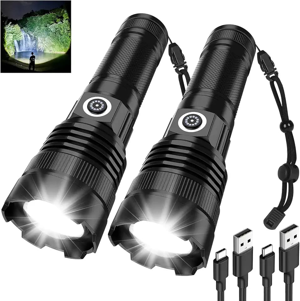 Rechargeable Flashlights High Lumens 2 Pack, Super Bright Tactical Flashlight 3 Modes with Power Display, Waterproof Zoomable LED Flash Light for Home Emergencies Camping Hiking