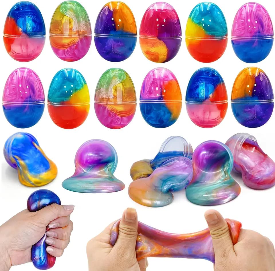 12 Pack Prefilled Easter Galaxy Slime Eggs, Galaxy Slime Easter Egg Fillers Stress Relief Easter Egg Hunt Filling Treats Classroom Easter Basket Stuffers Easter Party Favor for Kid Teens Boy Girl