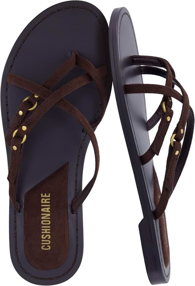 CUSHIONAIRE Raz Thong Strappy Sandals for Women, Minimalist Flat Sandals with Decorative Ring Accents