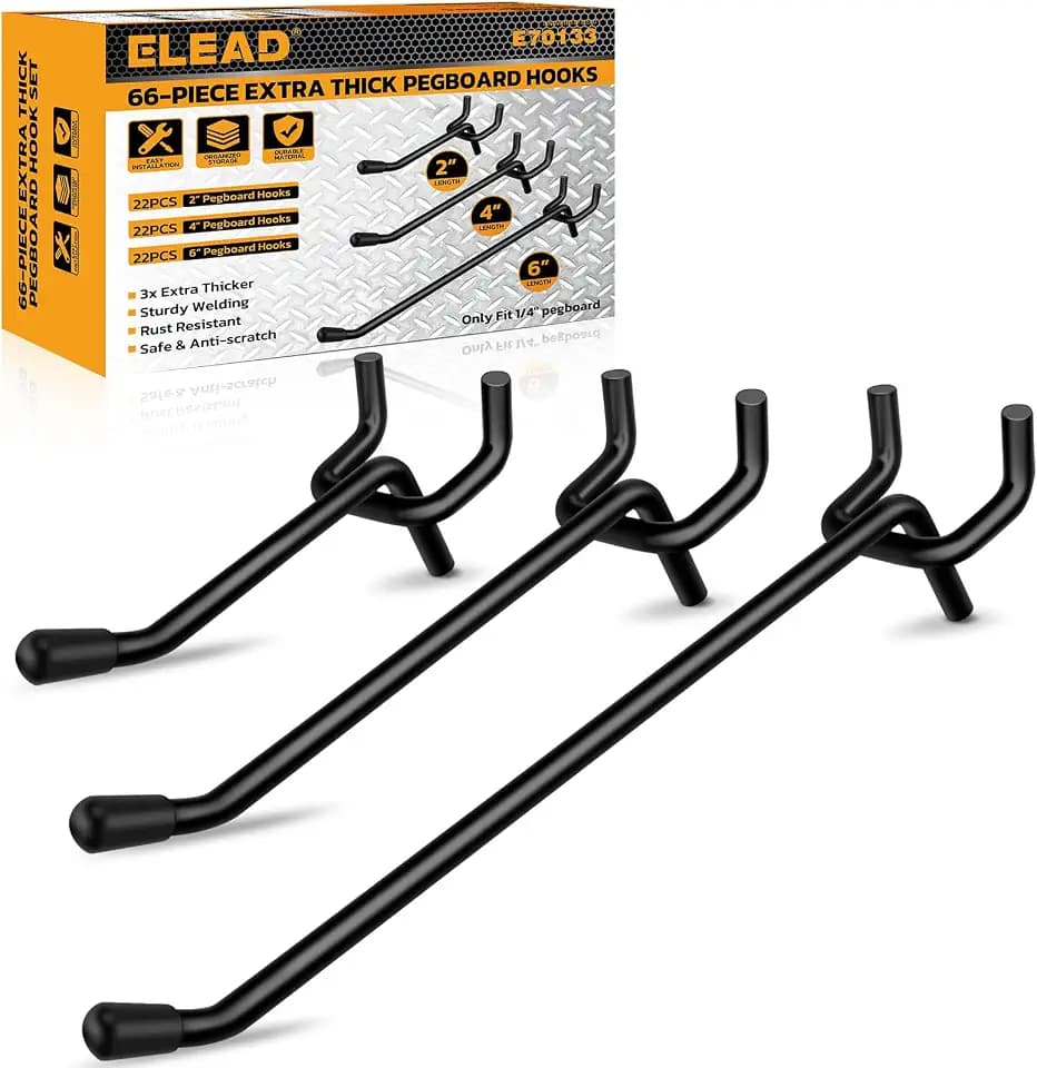 ELEAD 66-Piece 2/4/6 Inch Extra Thick Pegboard Hooks, Heavy Duty Peg Board Organizer Accessories, Peg Board Tool Hangers Fit for 1/4" Pegboard Hanging Tools Garage, Workshop, and Craft Storage