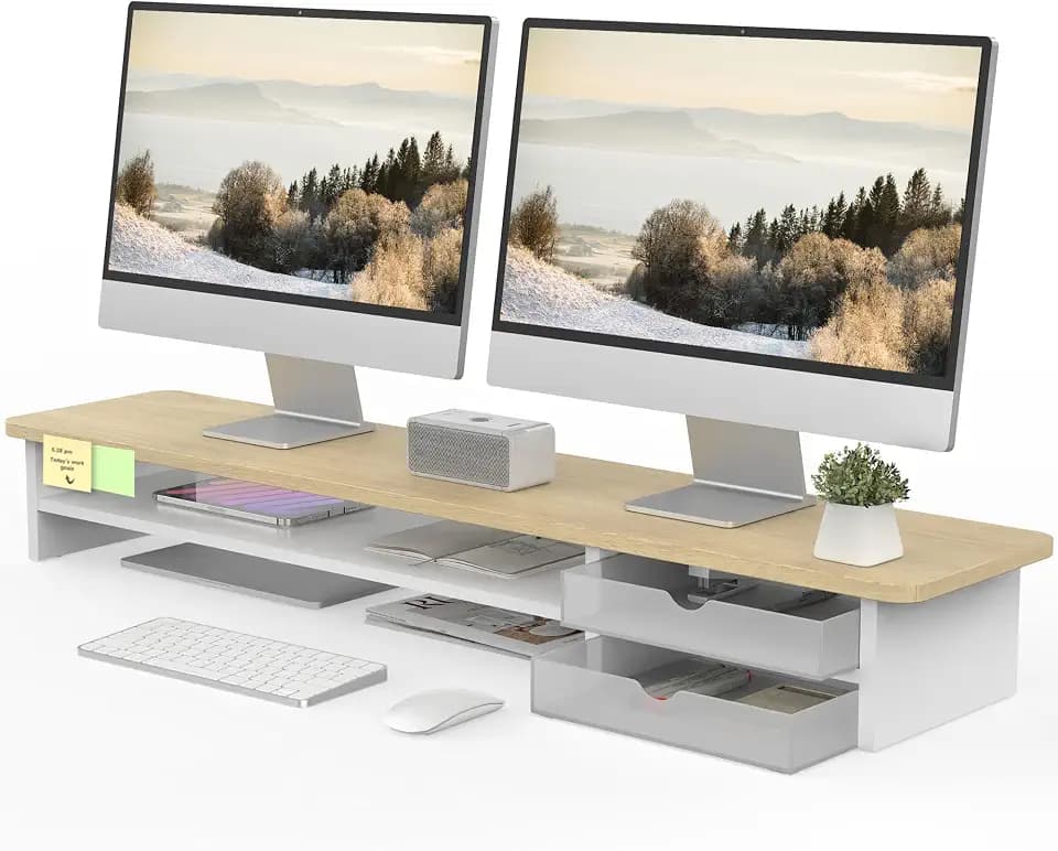 Fenge Monitor Stand, Desk Computer Riser with Frosted Storage Drawer, Oak