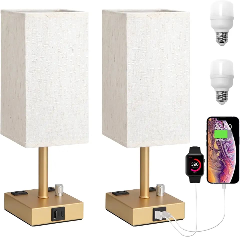 Gold Bedside Table Lamps Set of 2 - Dimmable, USB C+A, 2 AC Outlets