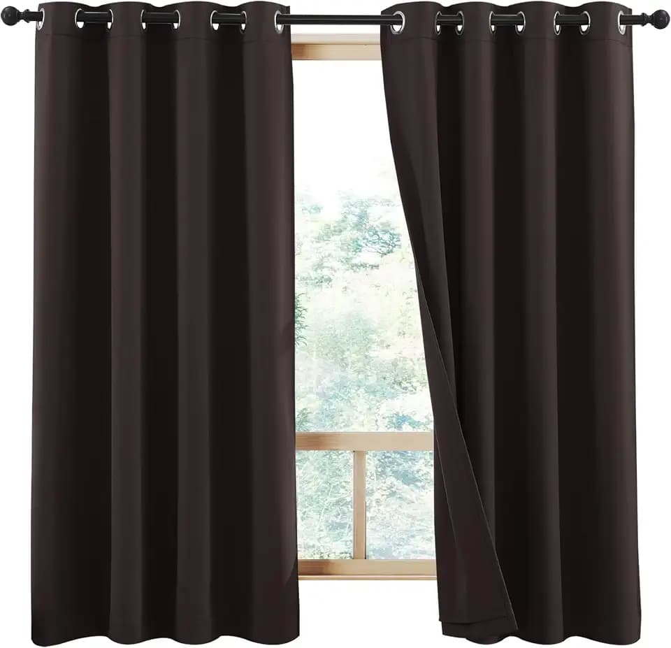 NICETOWN Complete 100% Blackout Curtains, Thermal Insulated & Energy Efficiency Window Draperies with Same Color Liner, Noise Reducing Curtains for Kids Room (Brown, 52-inch W by 63-inch L, 2 PCs)