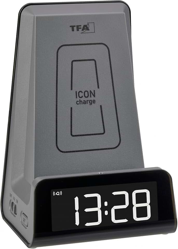 TFA Dostmann 2 in 1 Induktive Ladestation ICONcharge, 60.2033.10, für Smartphones, Kabelloses Laden, mit Weckfunktion, USB-Ladefunktion, Halter für Video Calls, LED-Leuchtziffern, anthrazit