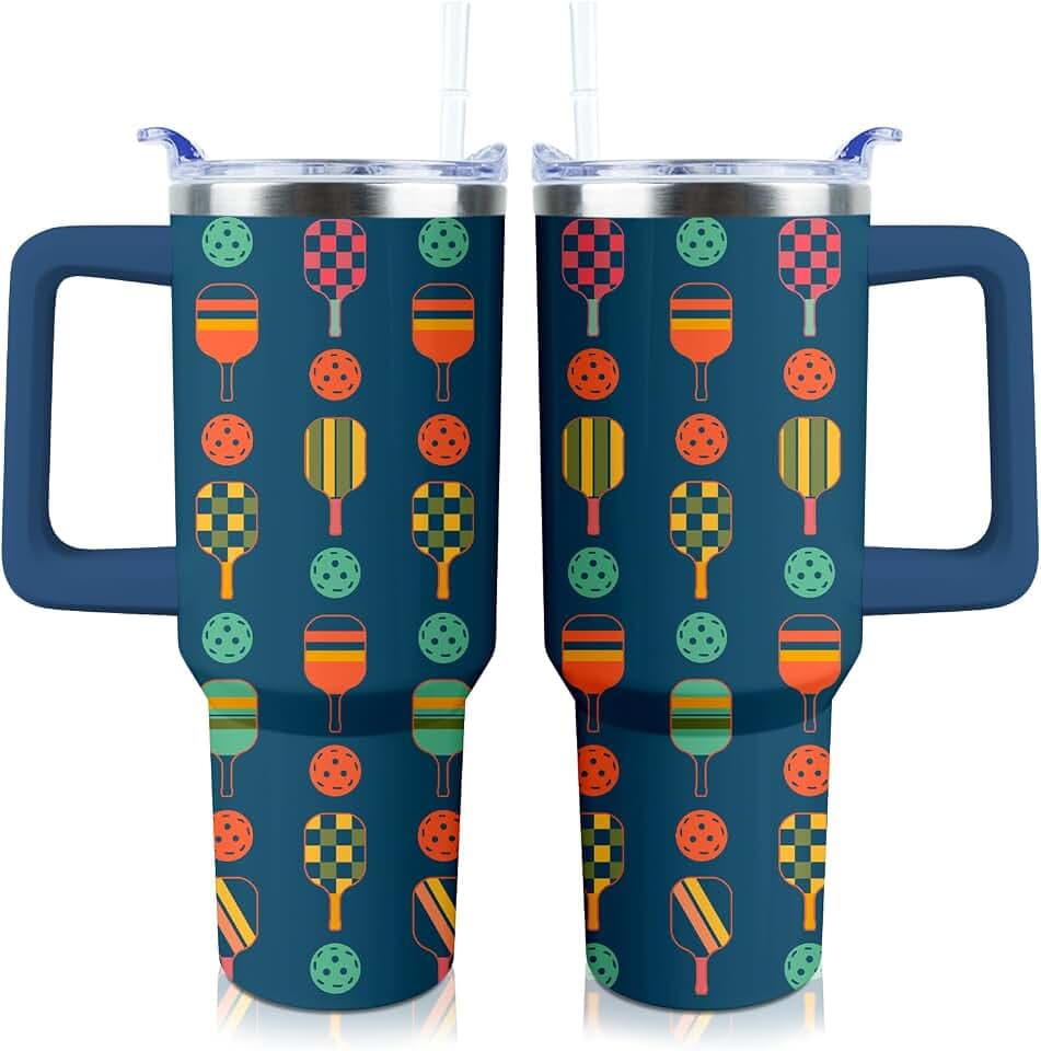 Pickleball Mug 40 oz Tumbler with Handle Straw Lid Leak Proof