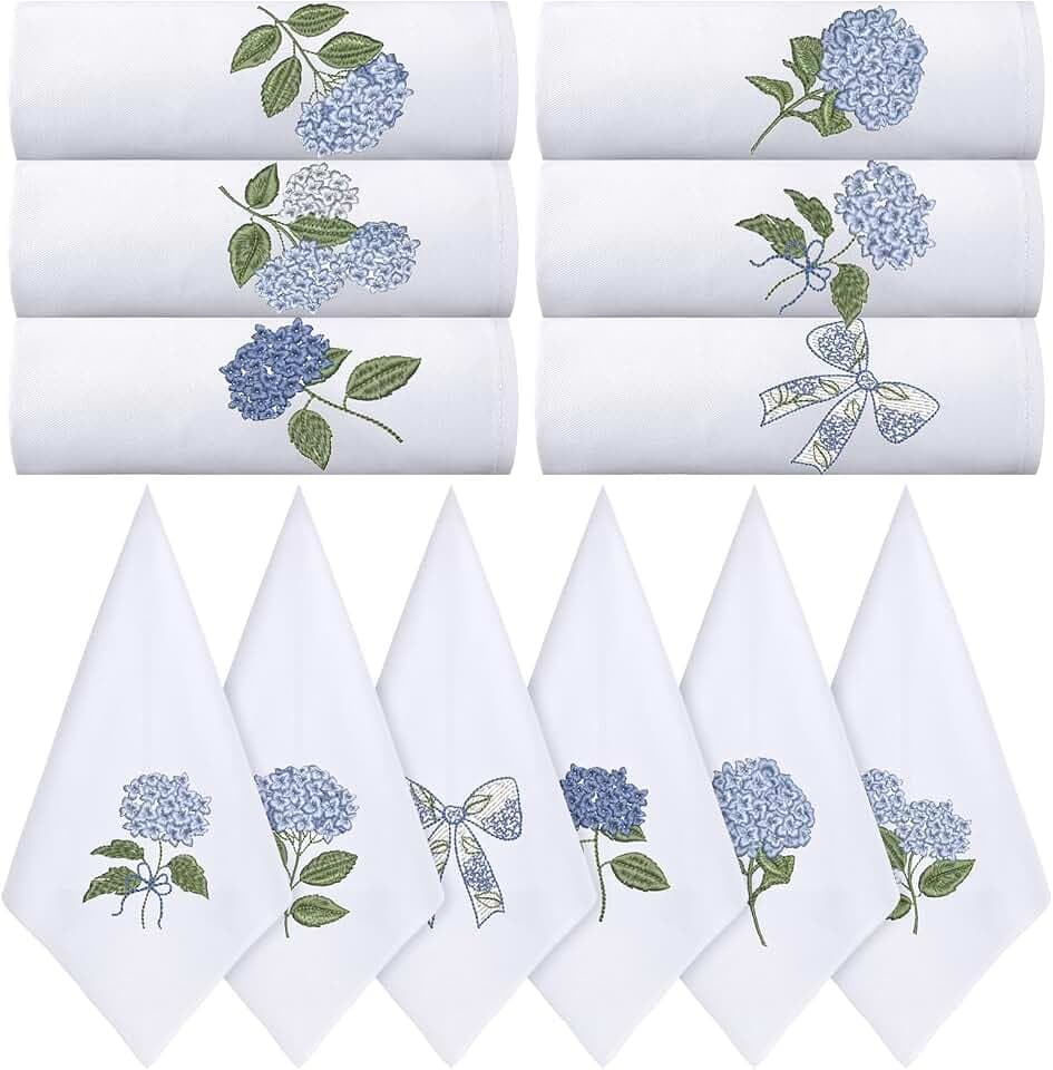 HunnmingRe 12 Pcs Blue Hydrangea Cloth Napkins Bulk 100% Cotton, 17x17inch
