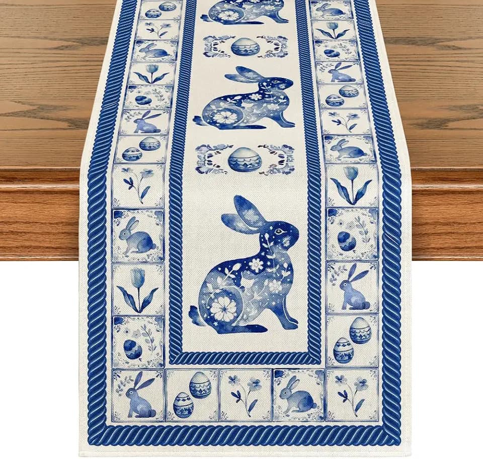 Artoid Mode Blue and White Porcelain Bunny Rabbit Egg 210 GSM Easter Table Runner,Seasonal Kitchen Dining Table Decoration for Home Party Decor 13x72 Inch
