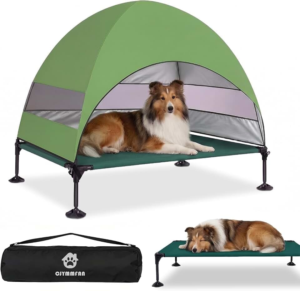 Erhöhtes Hundebett Outdoor mit UV-beständiges Dach，Hundeliege Klappbar mit Anti-Rutsch-Füßen, Hundezelt Outdoor mit Großem Schatten, Kühlendes ErhöHtes Hunde Bett für Camping, Garten (Grüner, L)