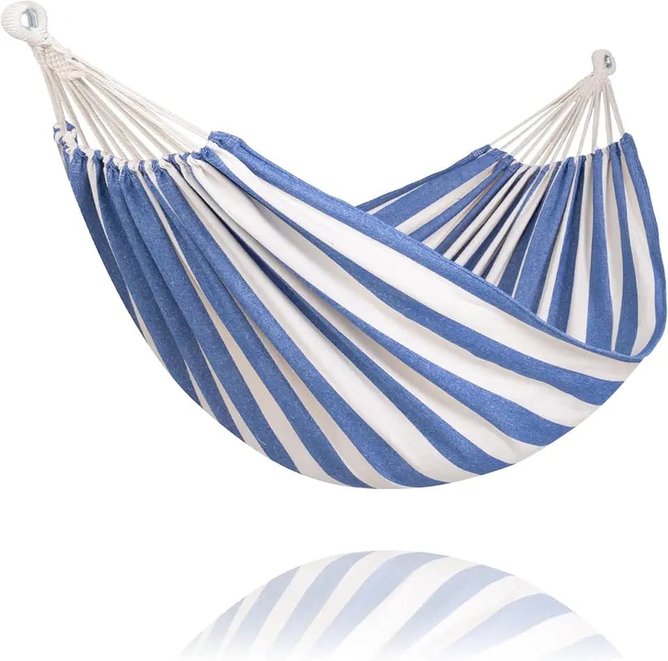 SUNCREAT Fabric Hammock for Backyard, Hanging Tree Hammock, Blue & White