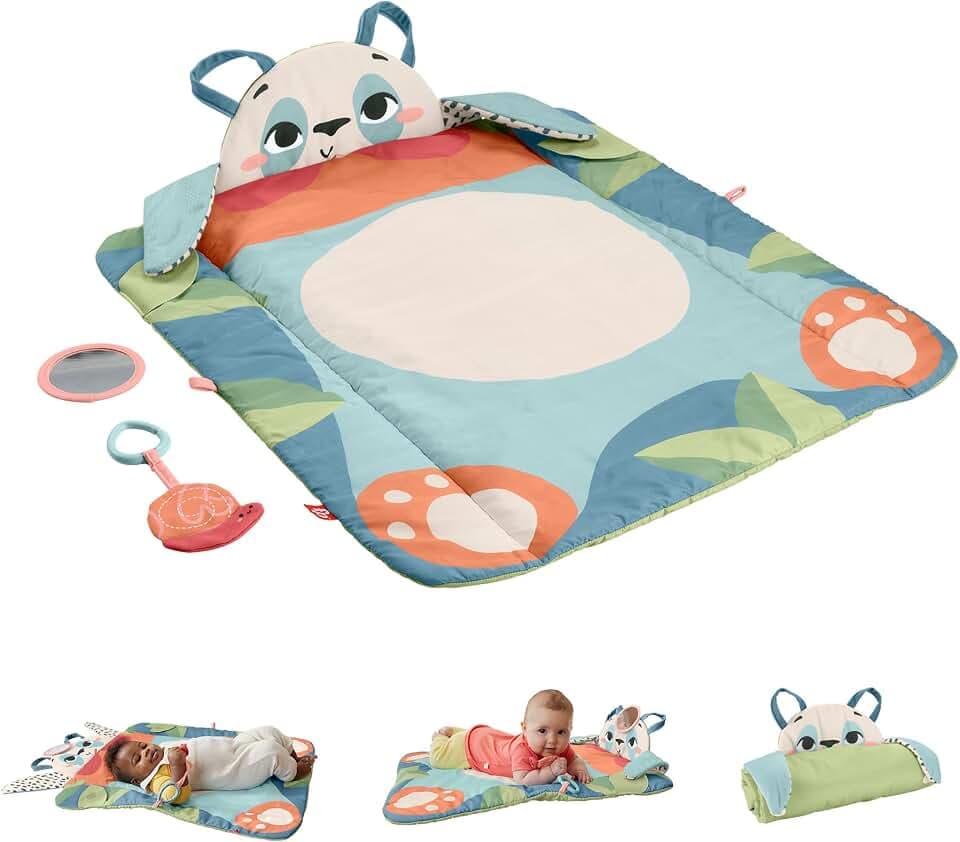 Fisher-Price Rolli-Roll Panda Spielmatte - Große 3-in-1 Spielmatte zum Mitnehmen, kontrastreiches Muster, Knisterspielzeug und Spiegel, 90% recylcled, FSC-zertifizierten Verpackung HKD65