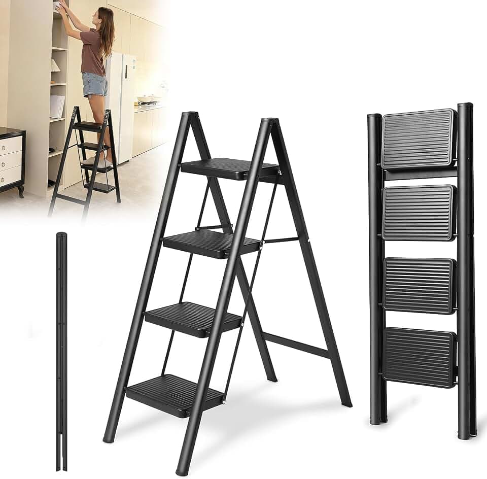 Leiter 4 Stufen Klappbar, Leiter aus Stahl mit breitem Anti-Rutsch-Pedalen, 150KG Tragkraft, Tragbar Trittleiter Klapptritt, Stehleiter, Für Haushalt, Büro, Garage, Speisekammer
