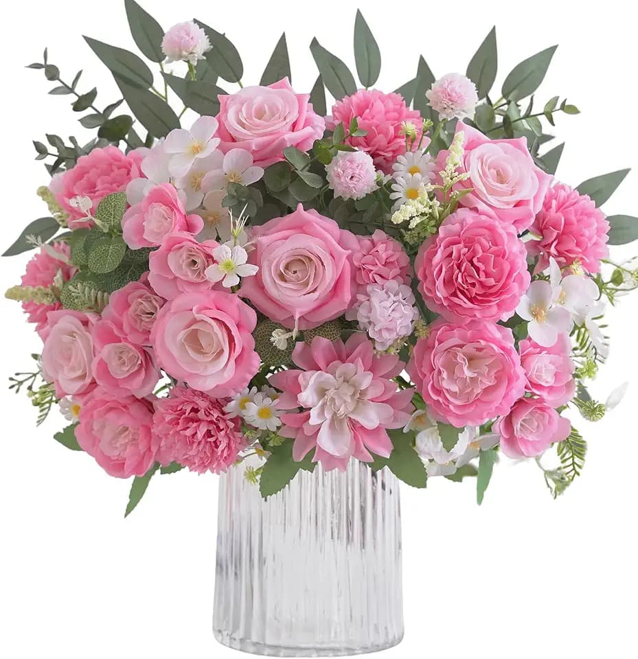 10 Pcs Mixed Artificial Flowers Set, Artificial Peony Bouquet Fake Rose Flower Silk Floral Arrangements for Table Centerpiece Home Wedding Party Bridal Vase Decoration(Pink, 6 Bouquets & 4 Stems)