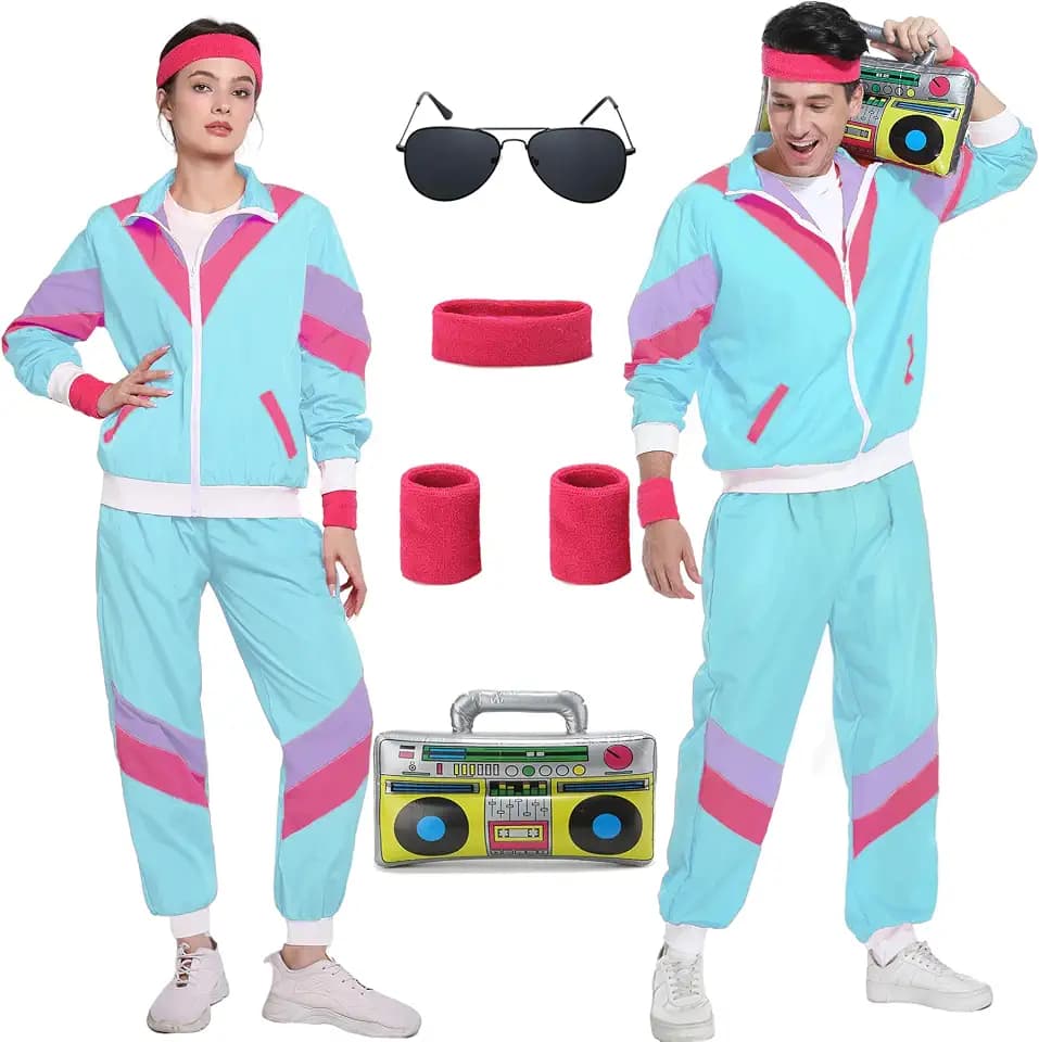 80er Jahre Kostüm Trainingsanzug Pop Art für Retro Stil Bad Geschmack Party Assi Anzug Proll Anzug Assi Jahre 80er 90er Jahre Outfit Kleidung Accessoires für Damen Herren Jogginganzug Blau G041SA
