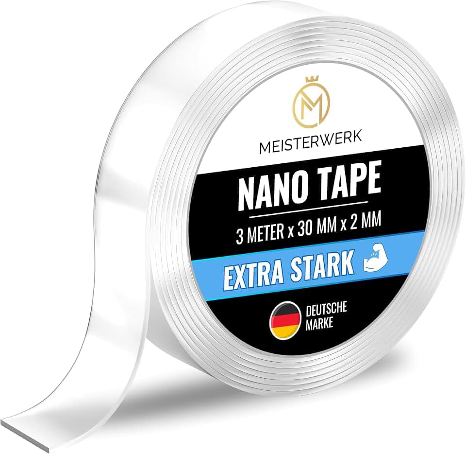 MEISTERWERK - Doppelseitiges Nano-Klebeband [EXTRA STARK] - Klebstofffrei & Spurlos dank Gecko-Effekt I Rutschfest - Waschbar & Wiederverwendbar
