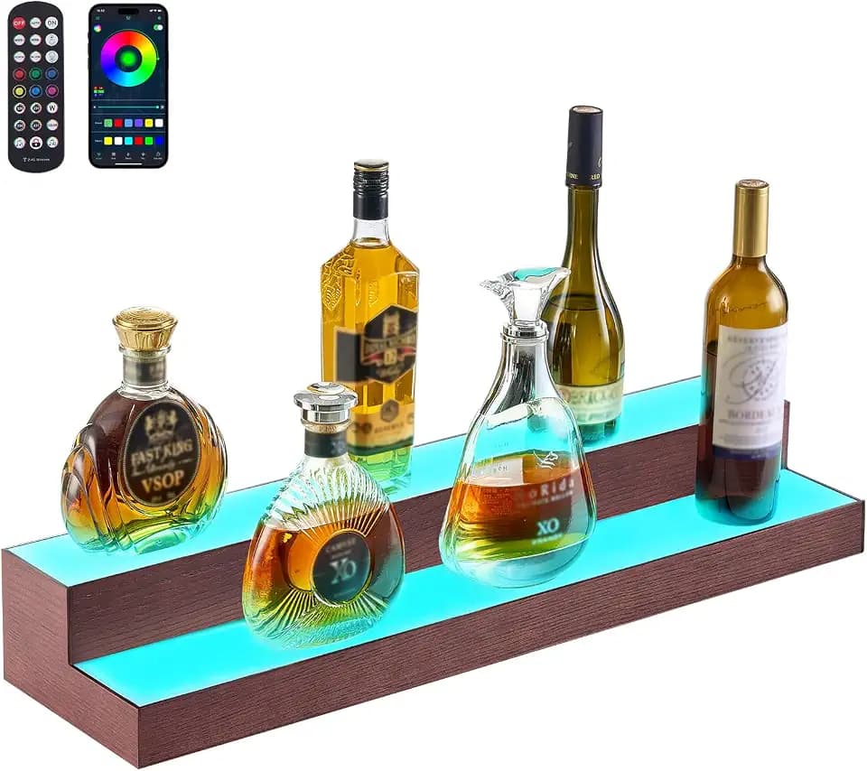VEVOR LED Lighted Liquor Bottle Display, 2-Tier 30-Inch Whiskey Rack, Support USB, Illuminated Home Bar Shelf with RF Remote & App Control, 7 Static Colors, Acrylic+ Wood Lighted Shelf for 15 Bottles
