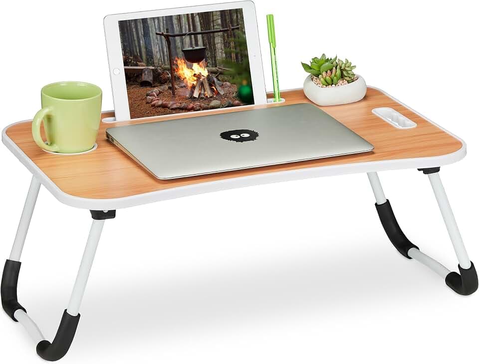 Relaxdays Laptoptisch für Bett & Couch, H x B x T: 26 x 63 x 40 cm, klappbarer Betttisch, Notebooktisch, Hellbraun/weiß