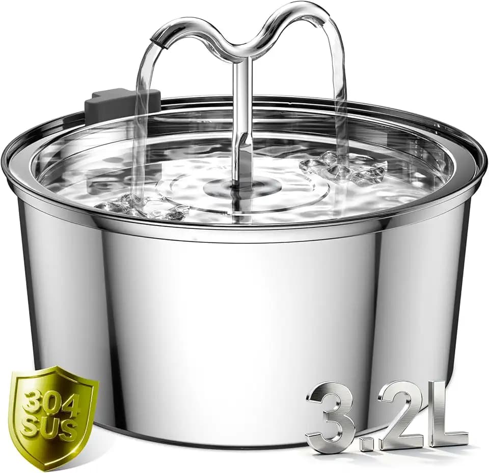 DOOOB Katzentrinkbrunnen, 3,2L Katzen Trinkbrunnen, Katzenbrunnen Edelstahl mit Ultra-Leiser Pumpe, Automatischer Trinkbrunnen für Katze und Kleine Hunde, Inkl. 1 Filter & 1 Schwamm