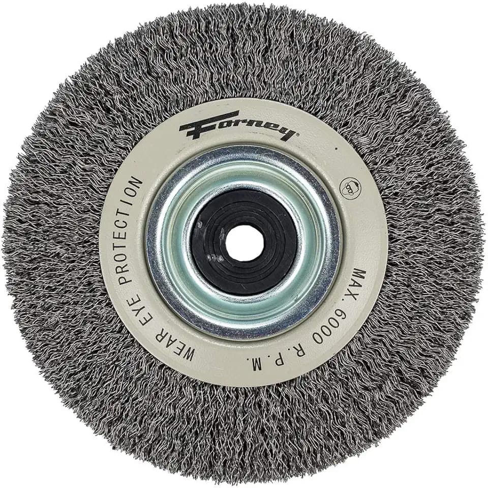 Forney 72895 Wire Bench Wheel Brush, Industrial Pro Crimped with 1/2-Inch Through 2-Inch Multi Arbor, 6-Inch-by-.012-Inch
