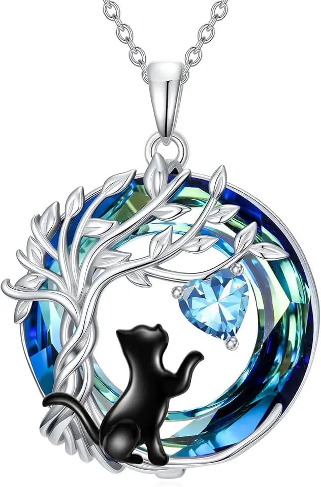 TOUPOP Cat Gifts for Cats Lover Tree of Life Black Cat Birthstone Necklace