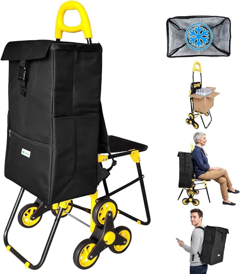 VOUNOT Einkaufstrolley Treppensteiger mit Kühlfach und Klappsitz, Einkaufswagen Klappbar mit 3 Räder, 40 L, 104 * 59 * 43cm