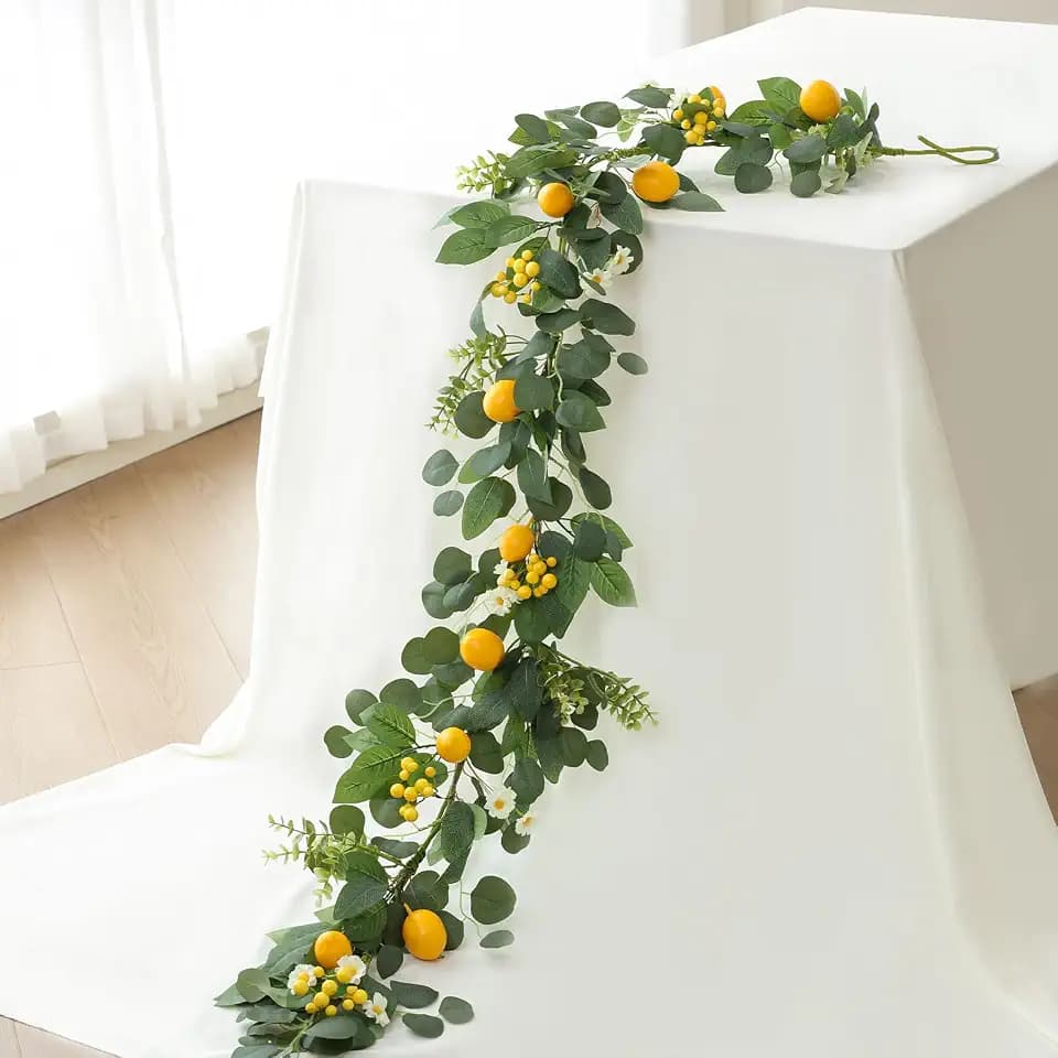 Mizii Artificial Lemon Garland 6FT Fake Fruit Lemons Garland with Berries Green Leaves Hanging Vines Greenery Decorations for Kitchen Table Centerpieces Room Party Birthday Decor (Lemon with Berries)