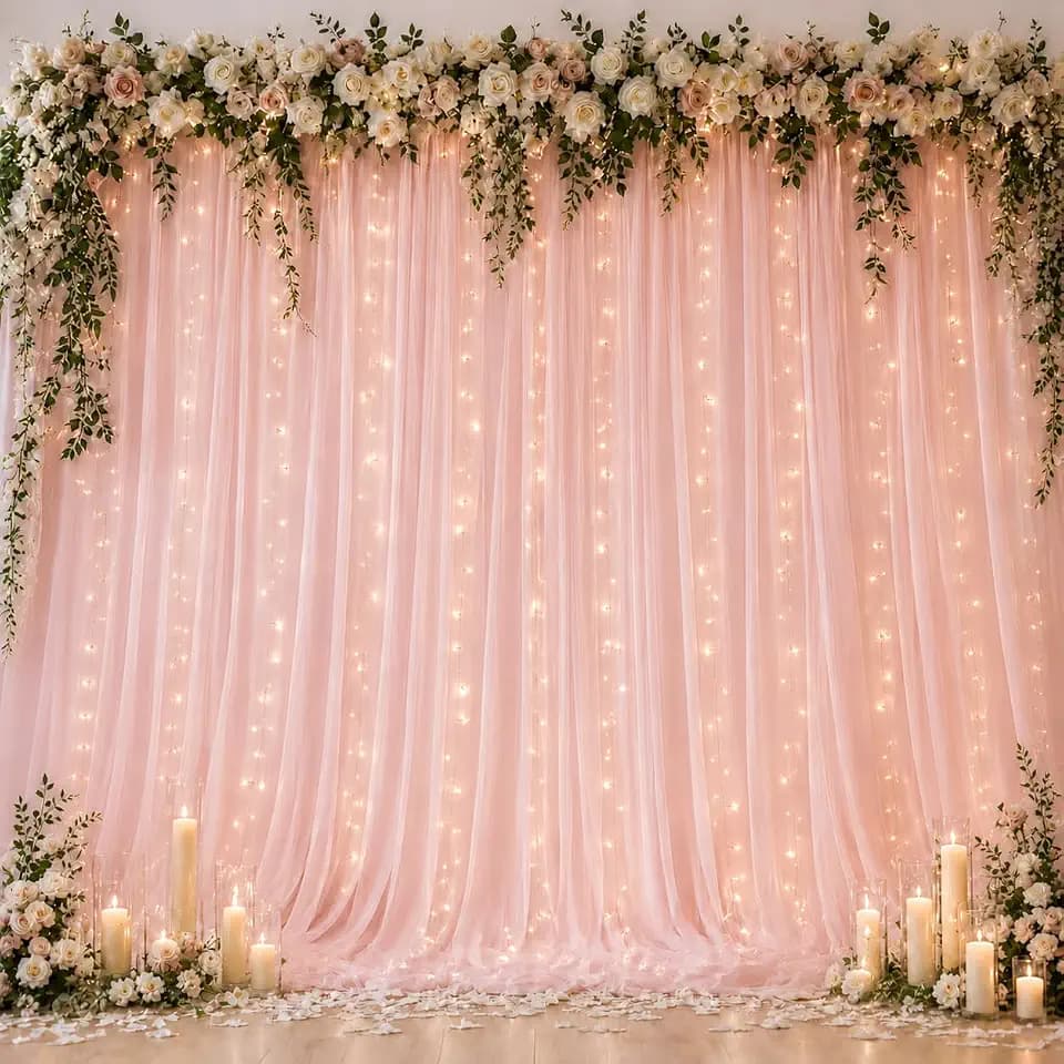 Ledido 10×10ft Pink Tulle Backdrop Curtain with Light(6 Panels 5×10ft)
