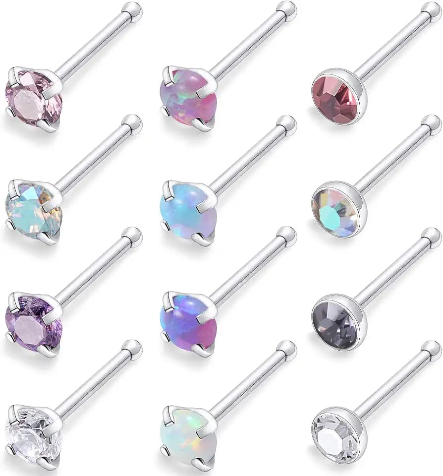 18G 20G 22G Nose Rings Studs 316L Surgical Steel Straight Screw L Shaped Nose Studs for Women Men CZ Opal Size 1.5mm 2mm 2.5mm 3mm