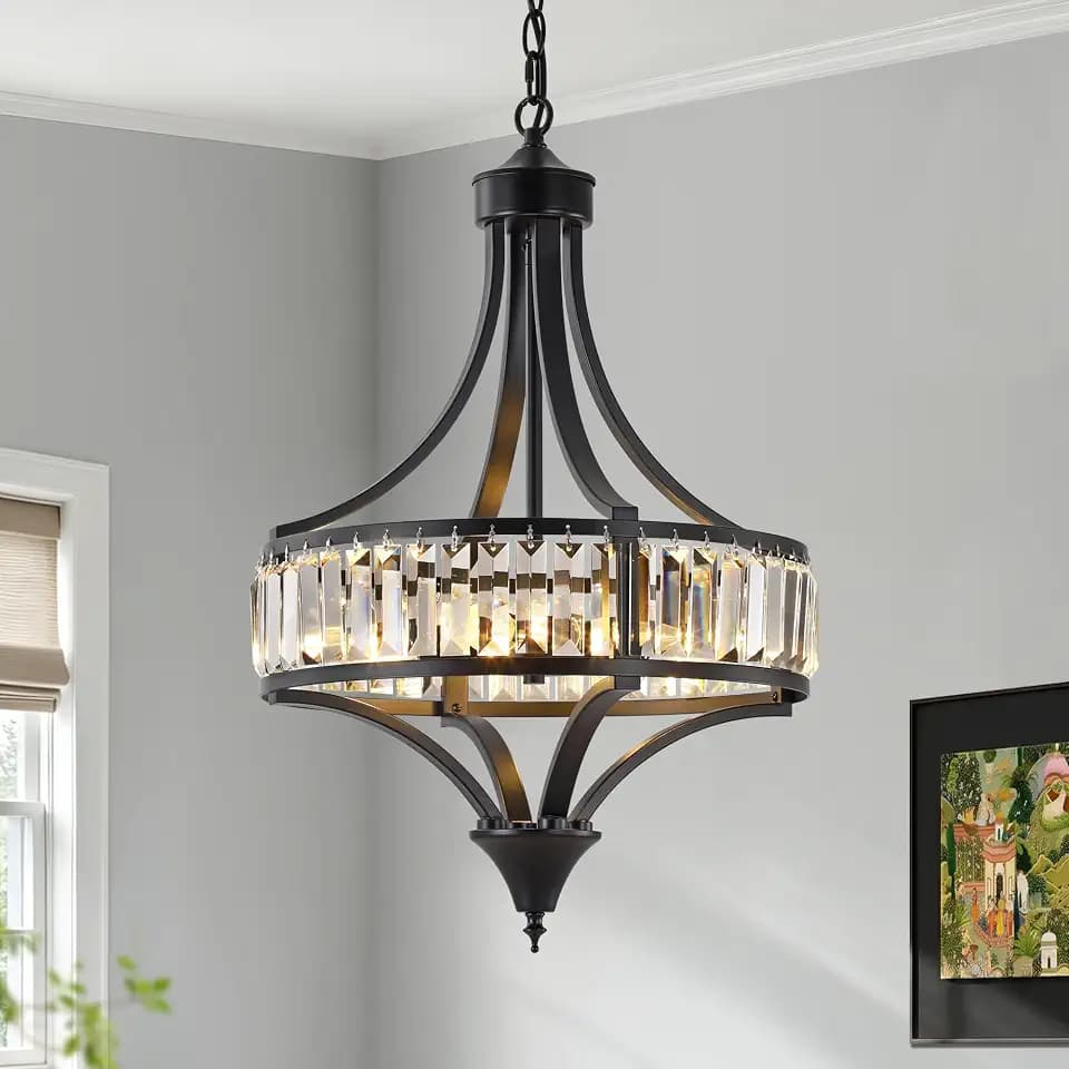 CNRATYE 16" Modern Black Crystal Chandelier, 4-Light Farmhouse Dining Room Light Fixtures Over Table Hanging, Antique Round Pendant Lights Kitchen Island Entryway Bedroom Office Stairwell Hallway