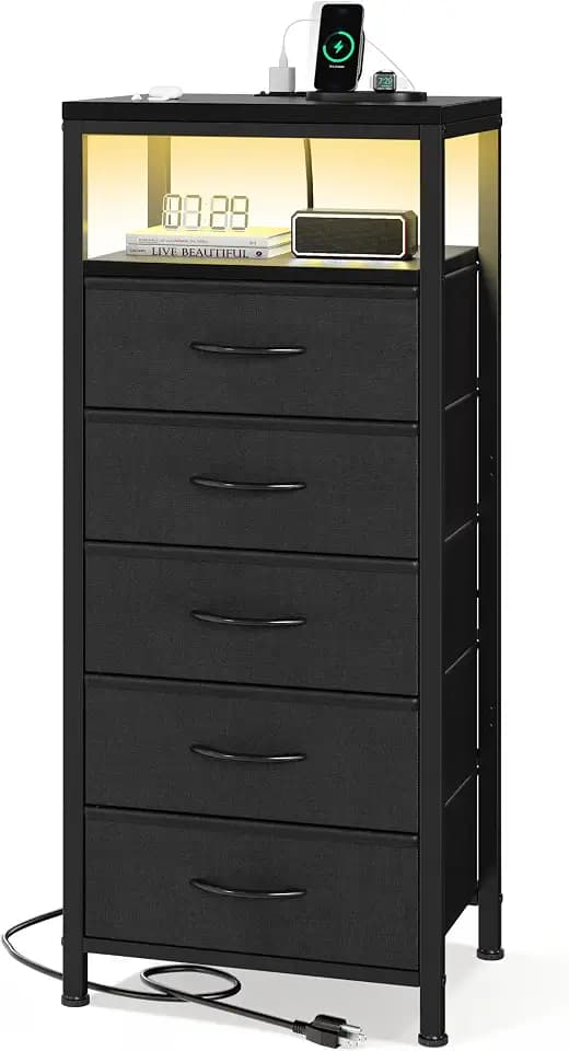 Sweetcrispy Nightstand with Charging Station 5 Fabric Drawers Bedside Table