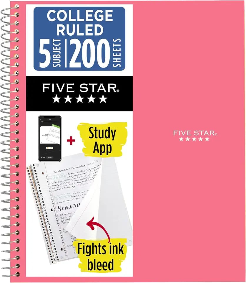 Five Star Spiral Notebook + Study App, 5 Subject, College Ruled Paper, 8-1/2" x 11", 200 Sheets, Fights Ink Bleed, Water Resistant Cover, Prom Pink (820004R)
