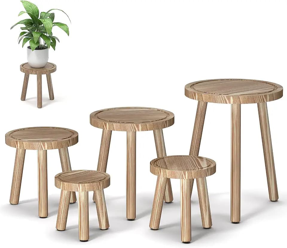 5-Pack Wood Plant Stands Indoor, Single Plant Stand for 6-12 Inch Pots, Mid-Century Modern Plant Stool, Tall Plant Stand for Large Plants for Living Room, Balcony, Office (Light Brown)