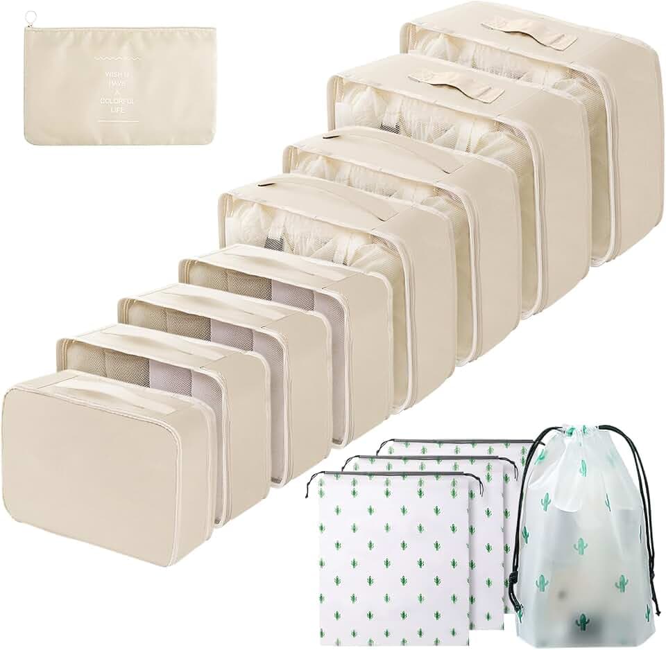 Koffer Organizer Set 13-teilig, Wasserdicht Packing Cubes, Multifunktionale Travel Packwürfel, Kofferorganizer Packtaschen für Koffer, Reise Organizer Set Mit Kleidertaschen (Beige)