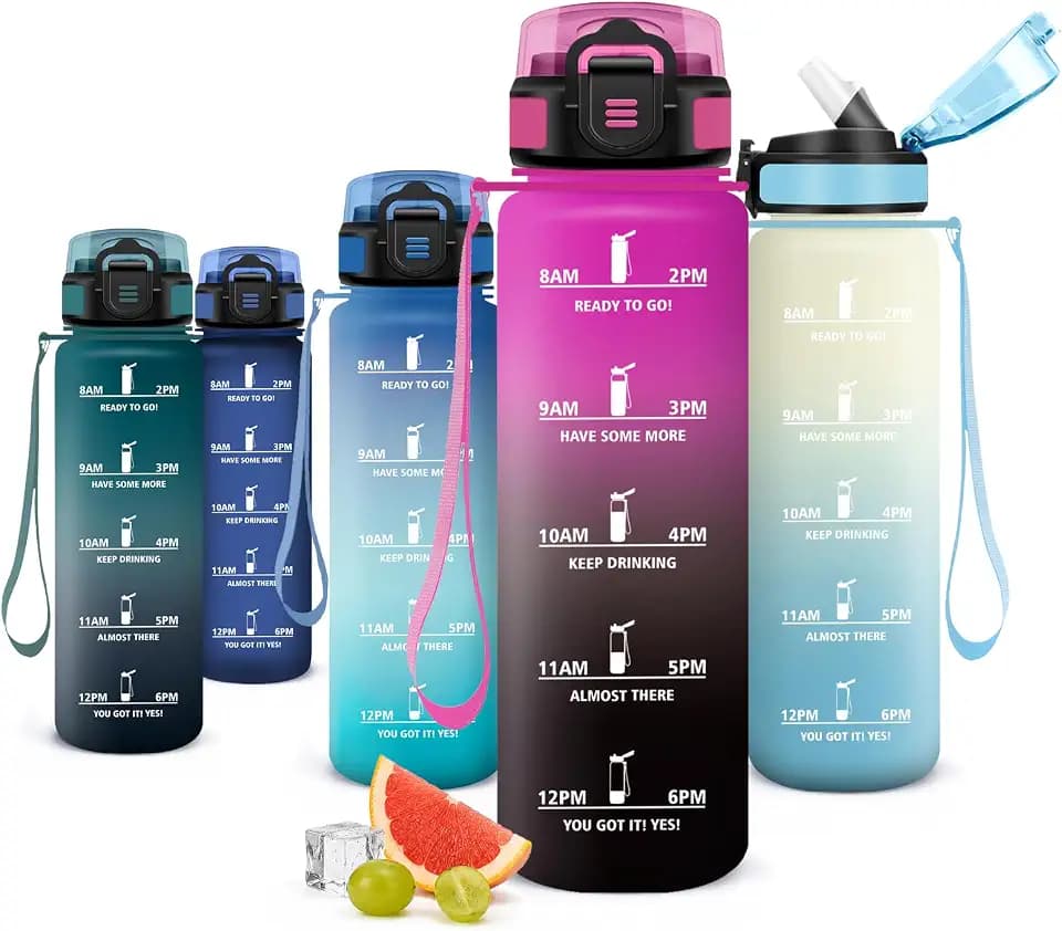 Trinkflasche 1000ml, Wasserflasche mit Strohhalm, Auslaufsicher, Sportflasche mit Zeitmarkierung, Kohlensäure Geeignet, Ideal für Yoga, Reisen