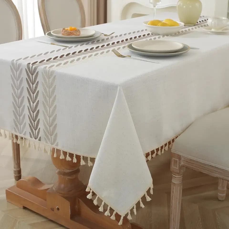 Alsoo Embroidered Tablecloth Rectangle 55 x 90 Inch, Farmhouse Otanical Floral Table Cloth Waterproof Washable Cotton Linen Fabric for Kitchen Dining Festival