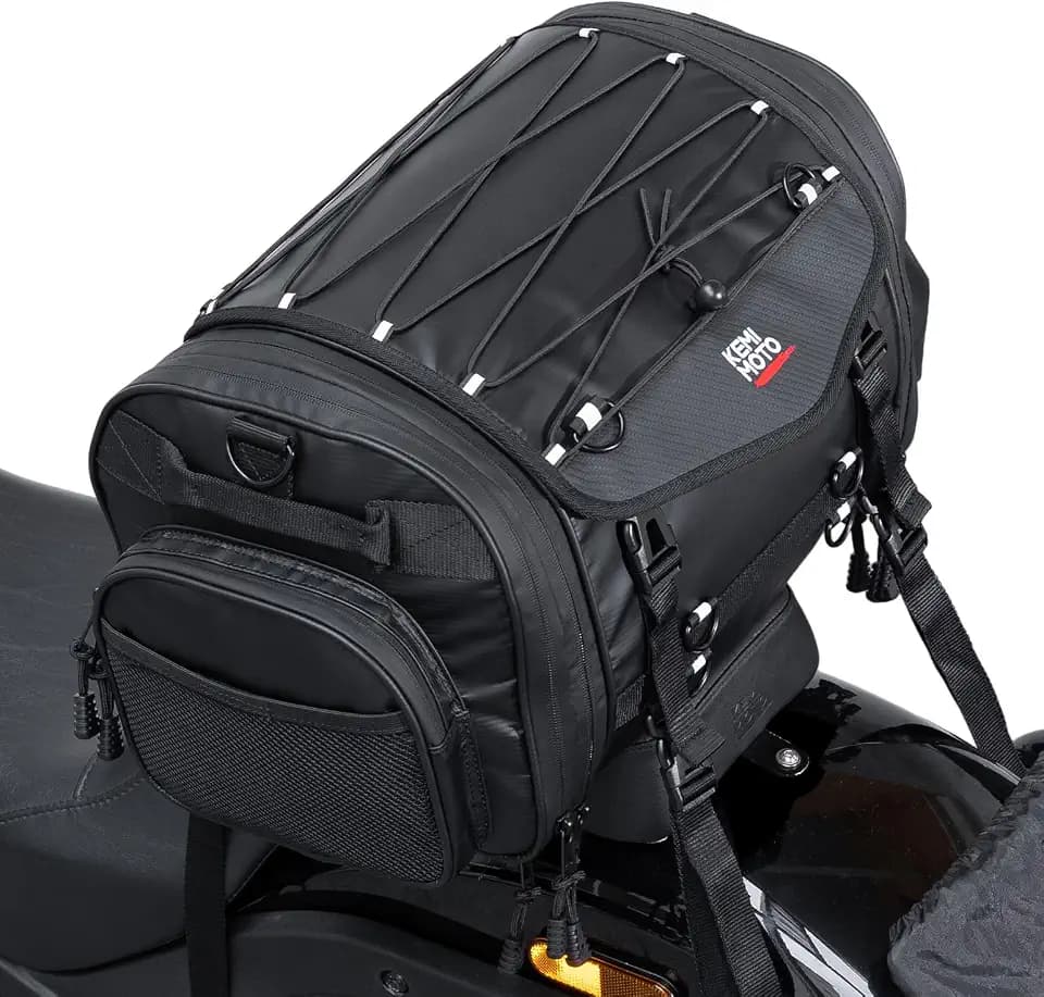 KEMIMOTO Motorcycle Travel Luggage Bags, Expandable Large Capacity Motorcycle Tail Bag, Waterproof Rear Rack Trunk, Motor Pannier Bag with Rain Cover and Straps 24L-32L