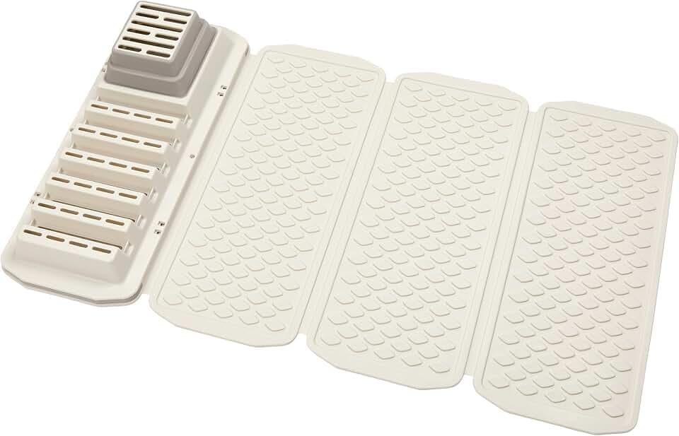 Clorox KeptClean 2-Piece Folding Kitchen Sink Mat and Sink Organizer – Folding Mat for Elevated Drying and Storage, Extending Organizer Dries 6 Plates, Flips to Dry Accessories – Almond Cream