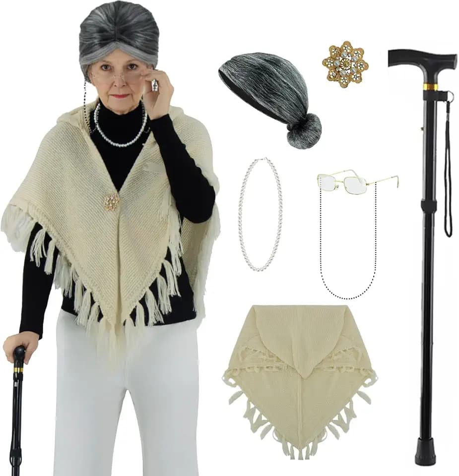 Old Lady Costume Kit for Women Wig Knitted Shawl Brooch Necklace Glasses Cane Halloween 7pcs Granny Cosplay Set