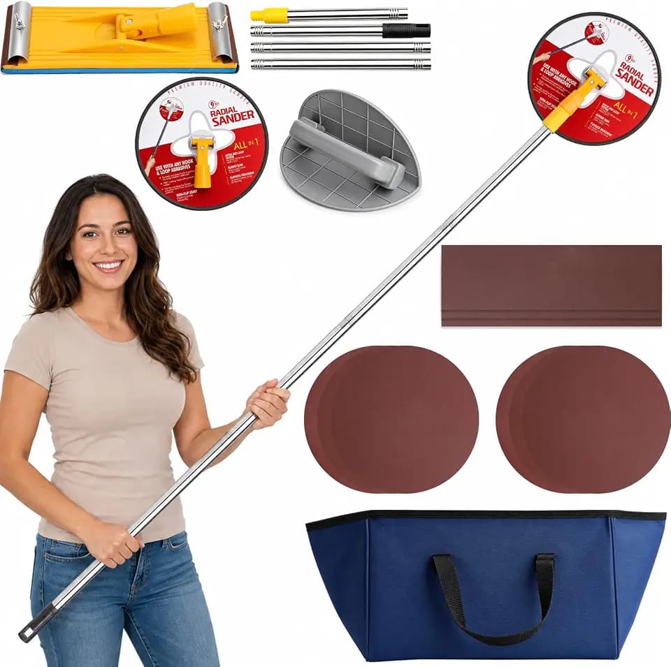 Drywall Pole Sander Kit, 12-50 Inch Adjustable Extension Pole with 360° Radial Swivel Head, drywall corner sander, Includes 9 Pcs Sandpaper Discs for Popcorn Ceiling Removal & Painting Prep